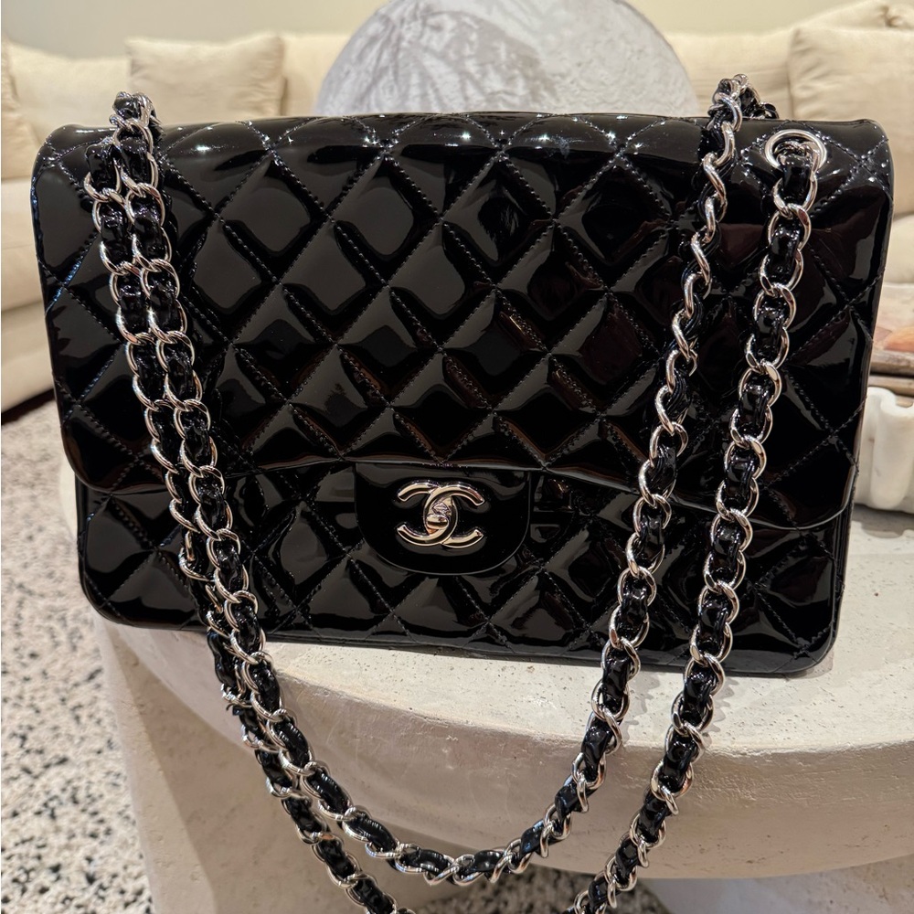 AUTHENTIC Chanel Jumbo Black Patent Leather Double Flap Bag (silver hardware)
